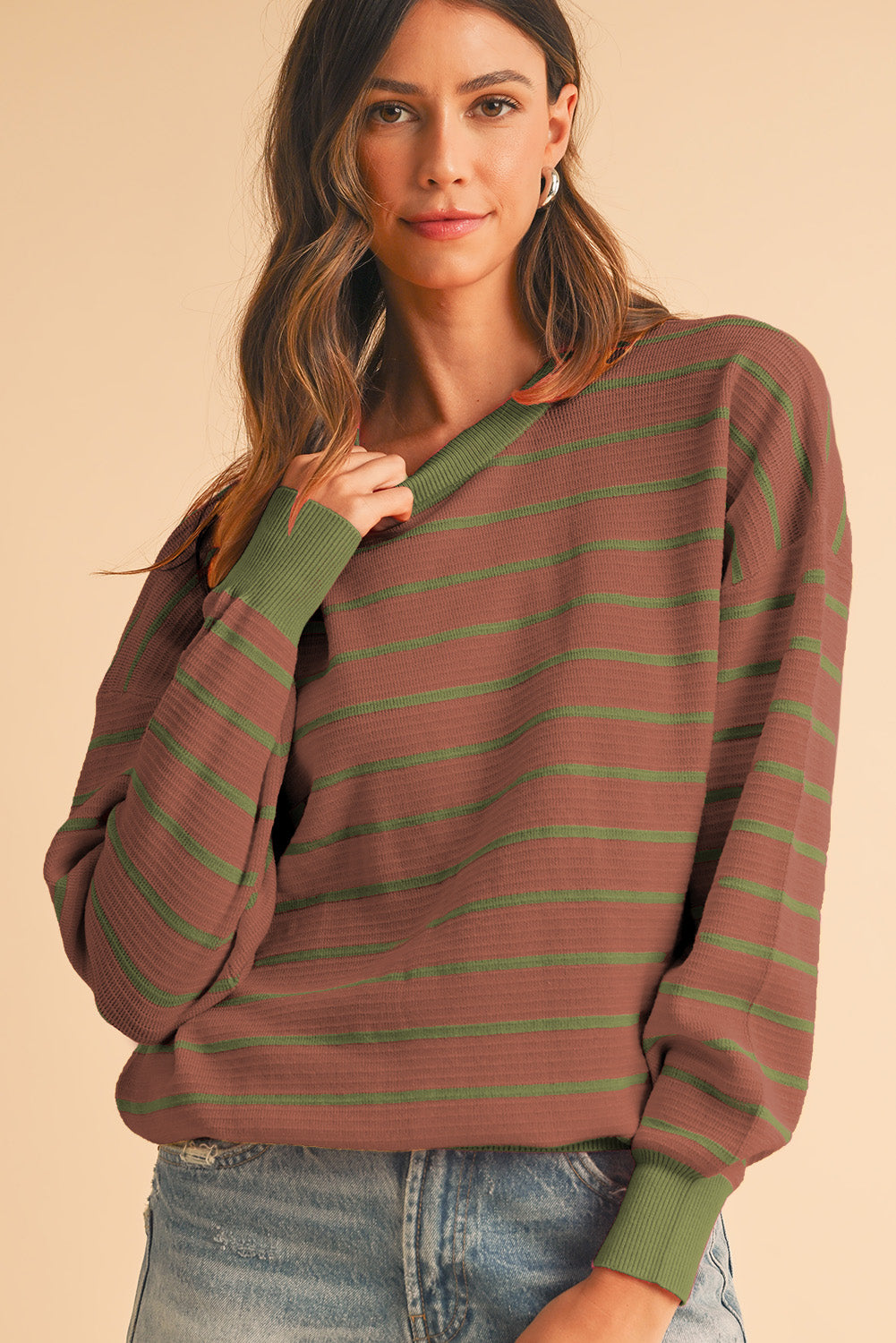 Women’s Brown Stripe Round Neck Sweater – Loose Fit, Drop Shoulder