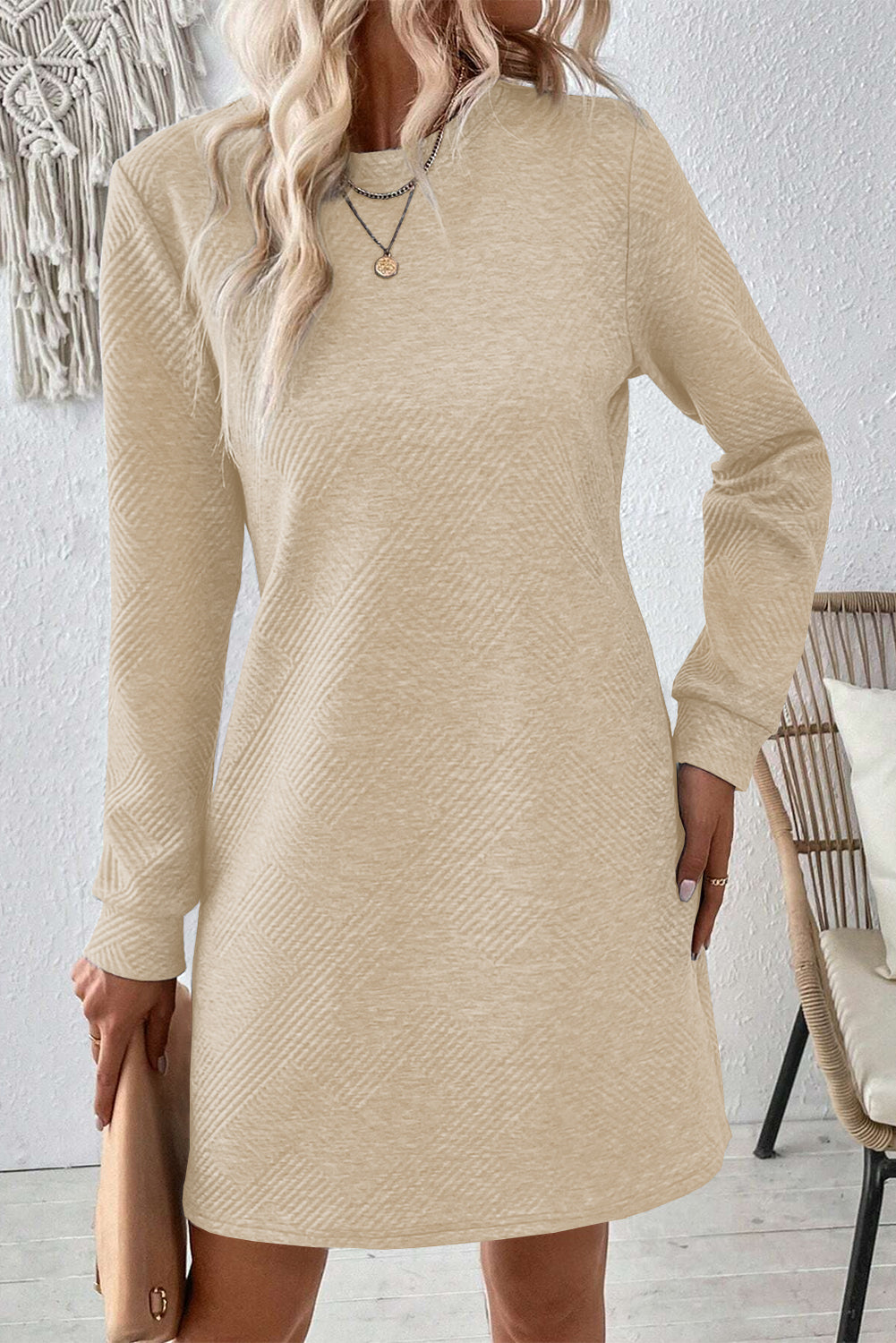 Chic Apricot Textured Dress – Long Sleeve Shift, Perfect for Any Occasion