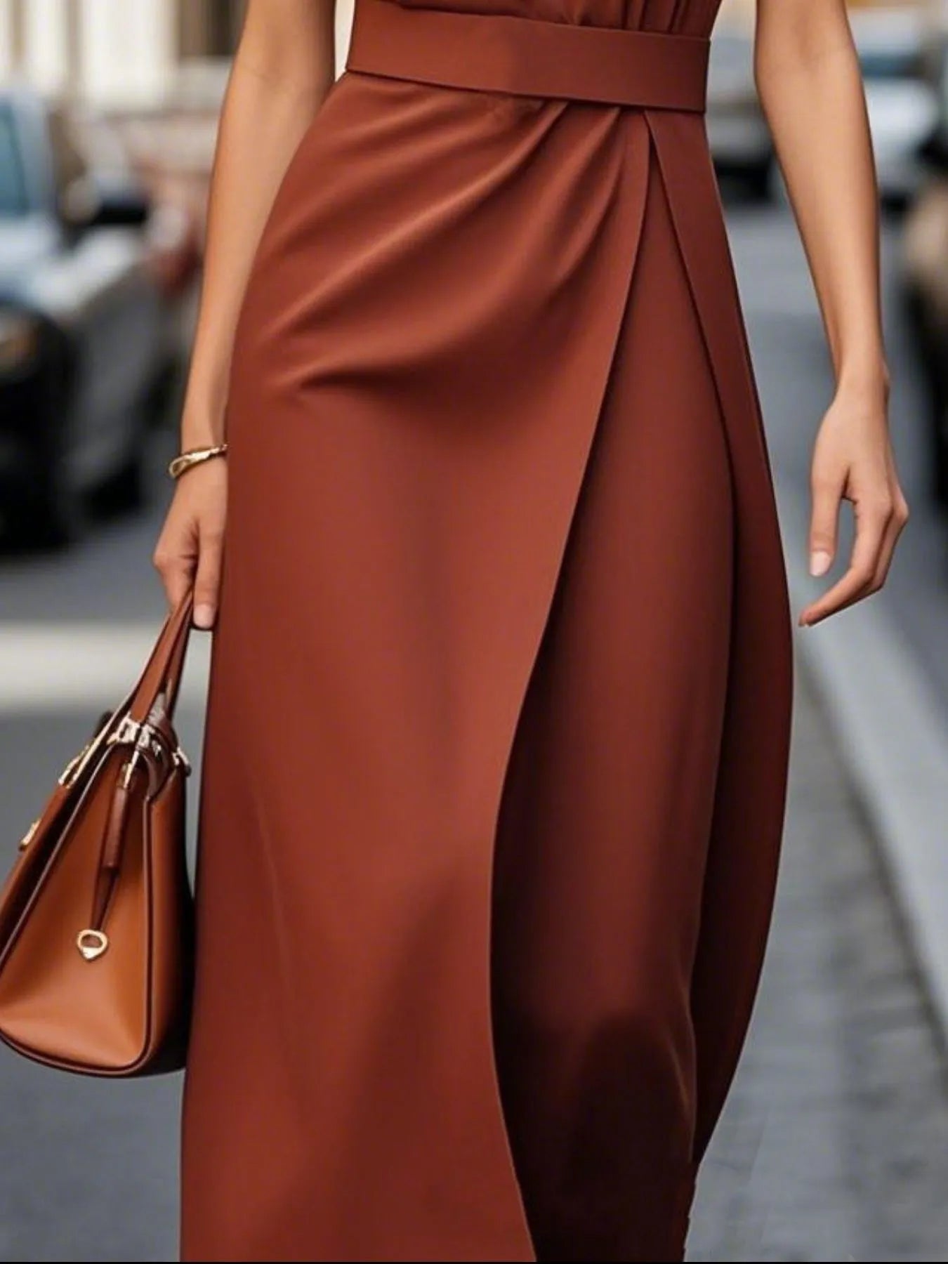 Brown dress worn by a person on a blurred street background
