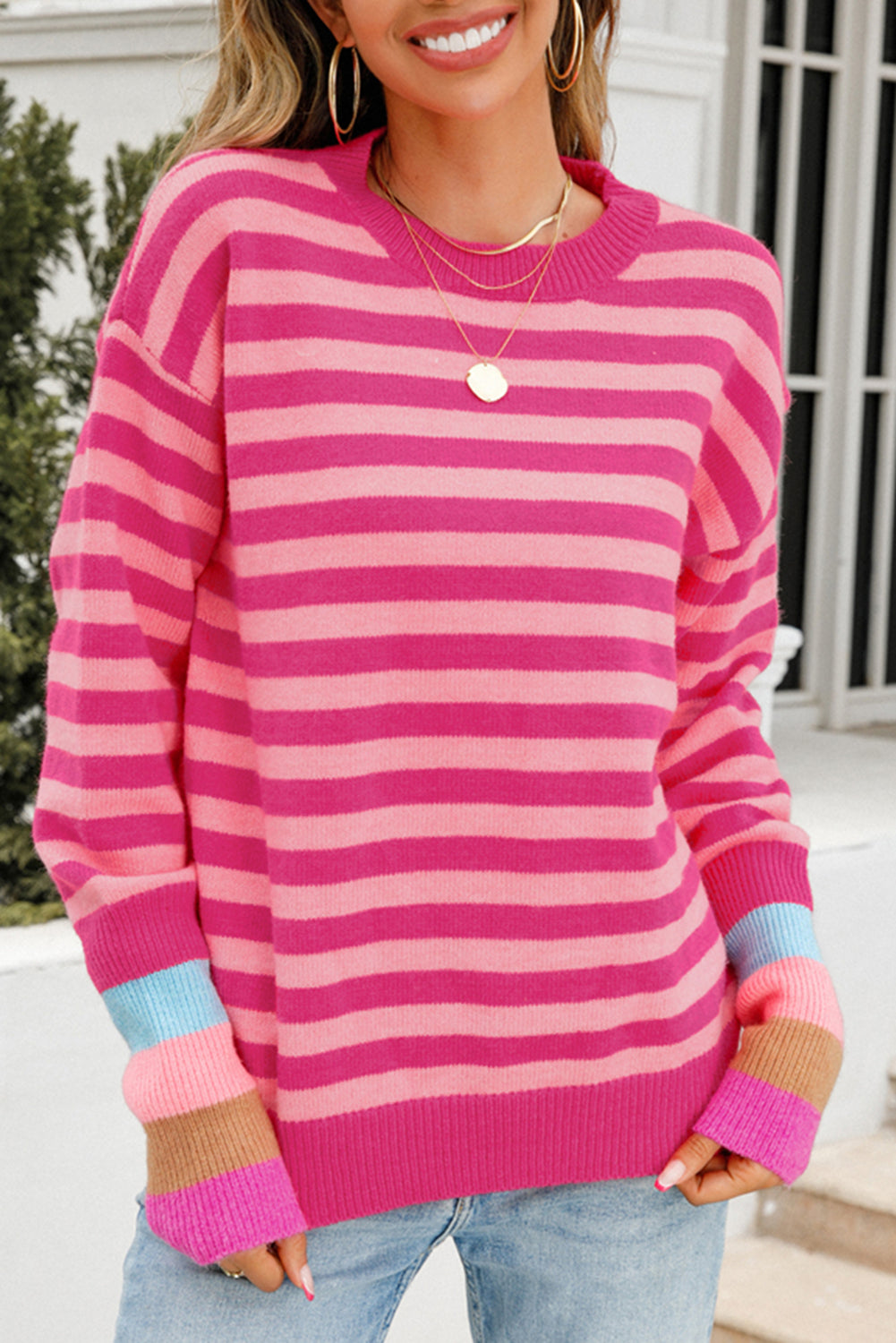 Casual Chic Rose Striped Sweater – Relaxed Fit, Long Sleeve Pullover