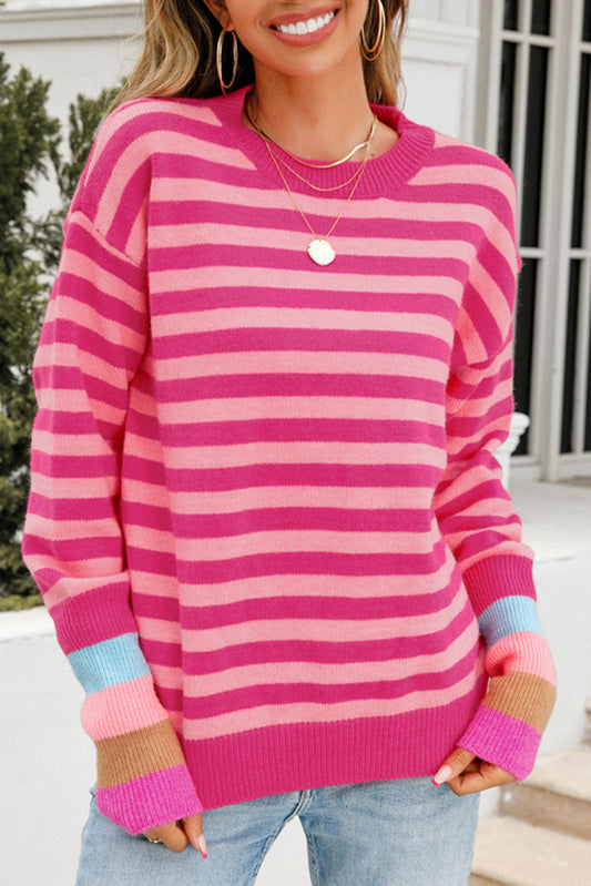 Casual Chic Rose Striped Sweater – Relaxed Fit, Long Sleeve Pullover