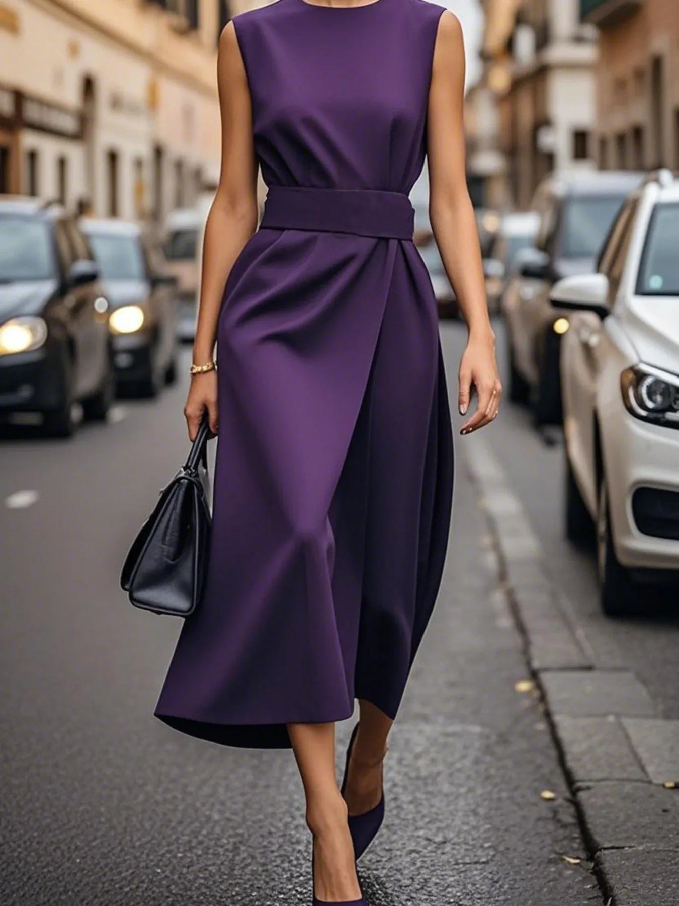 Person wearing a purple dress on a city street.