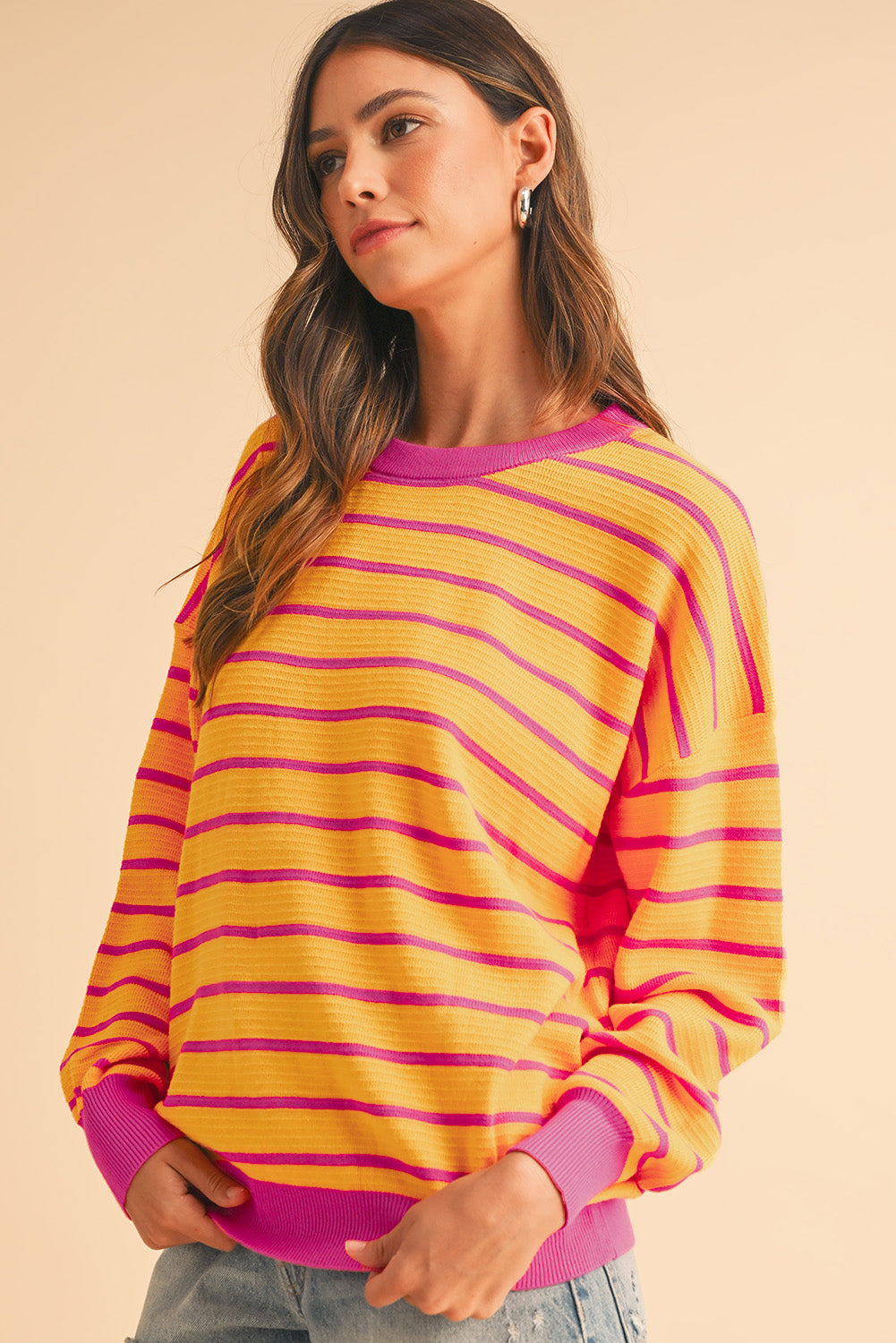 Women’s Orange Stripe Round Neck Sweater – Loose Fit, Drop Shoulder