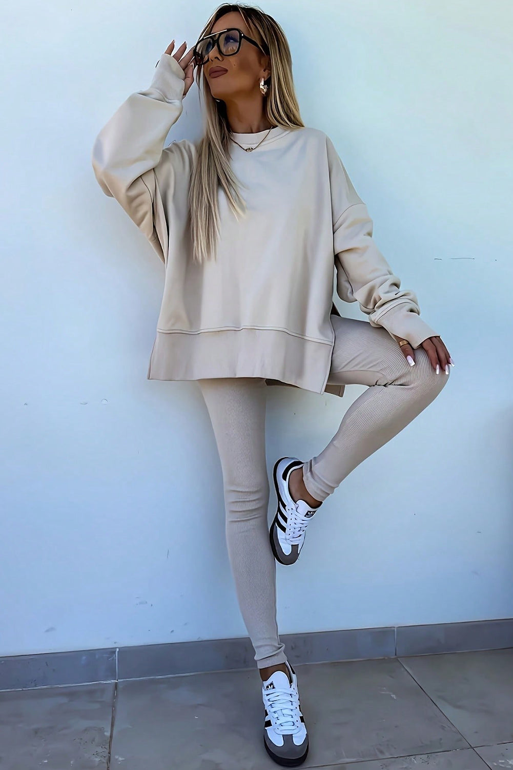 Jet Stream Solid Color Oversize Slit Sweatshirt Ribbed Leggings Set