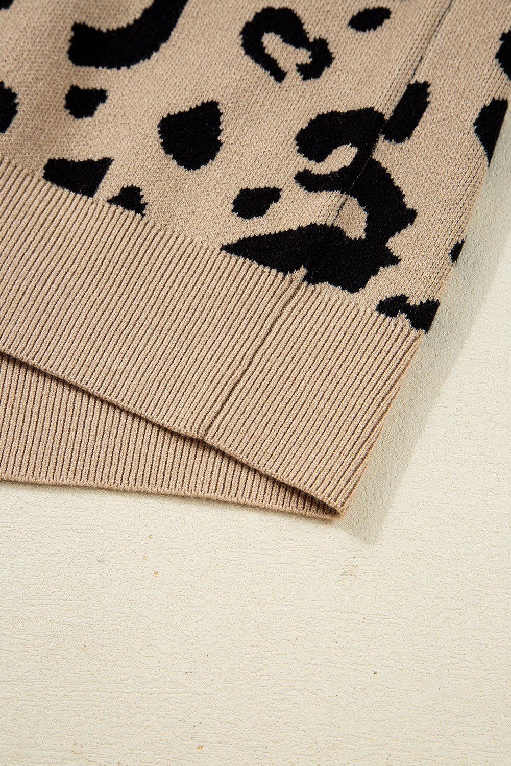 Brown Leopard Pattern Lace Trim Ribbed Detail Button Cuffed Sweater