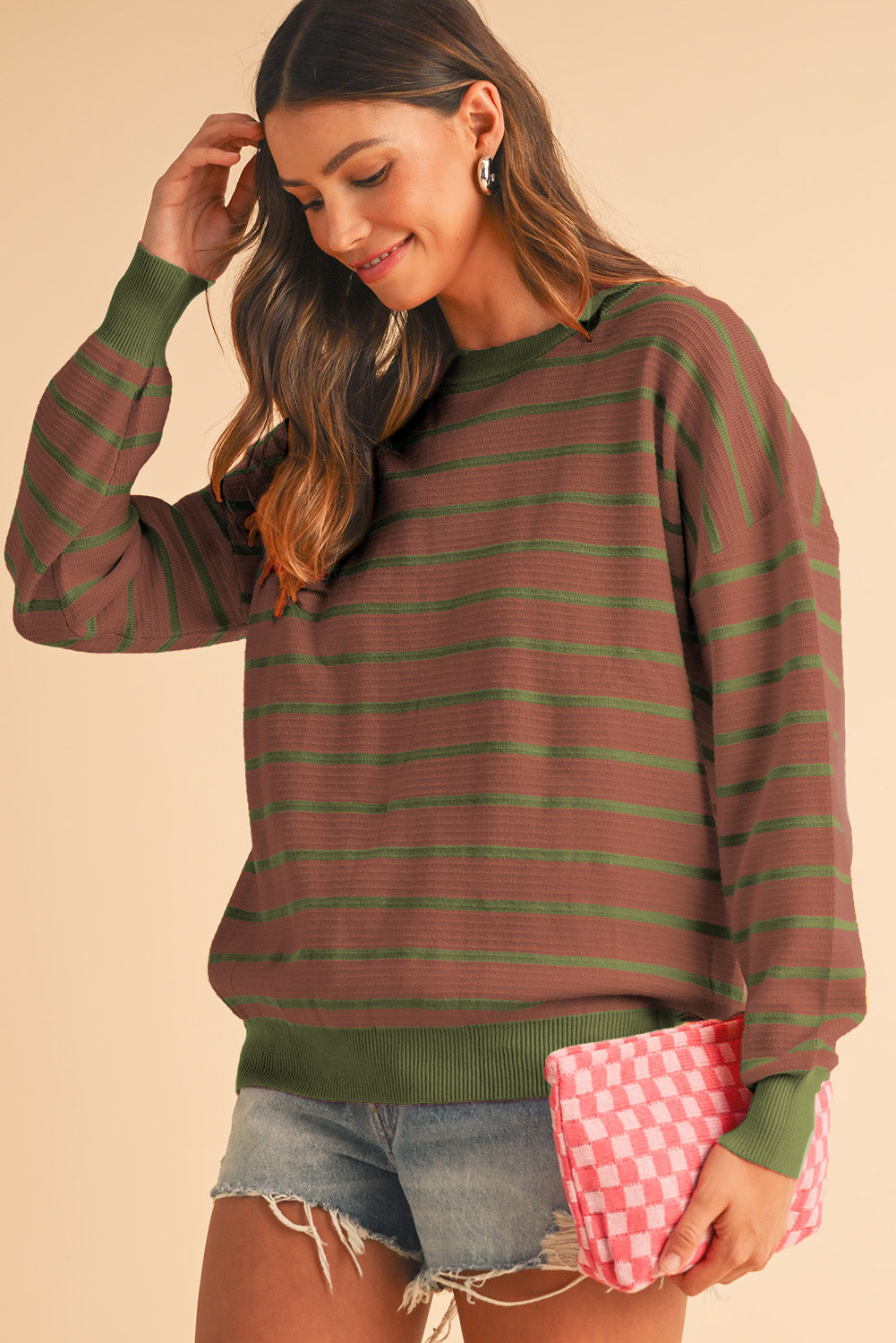 Women’s Brown Stripe Round Neck Sweater – Loose Fit, Drop Shoulder