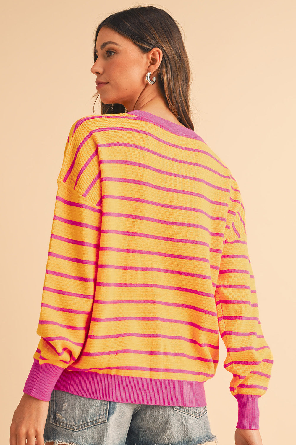 Women’s Orange Stripe Round Neck Sweater – Loose Fit, Drop Shoulder