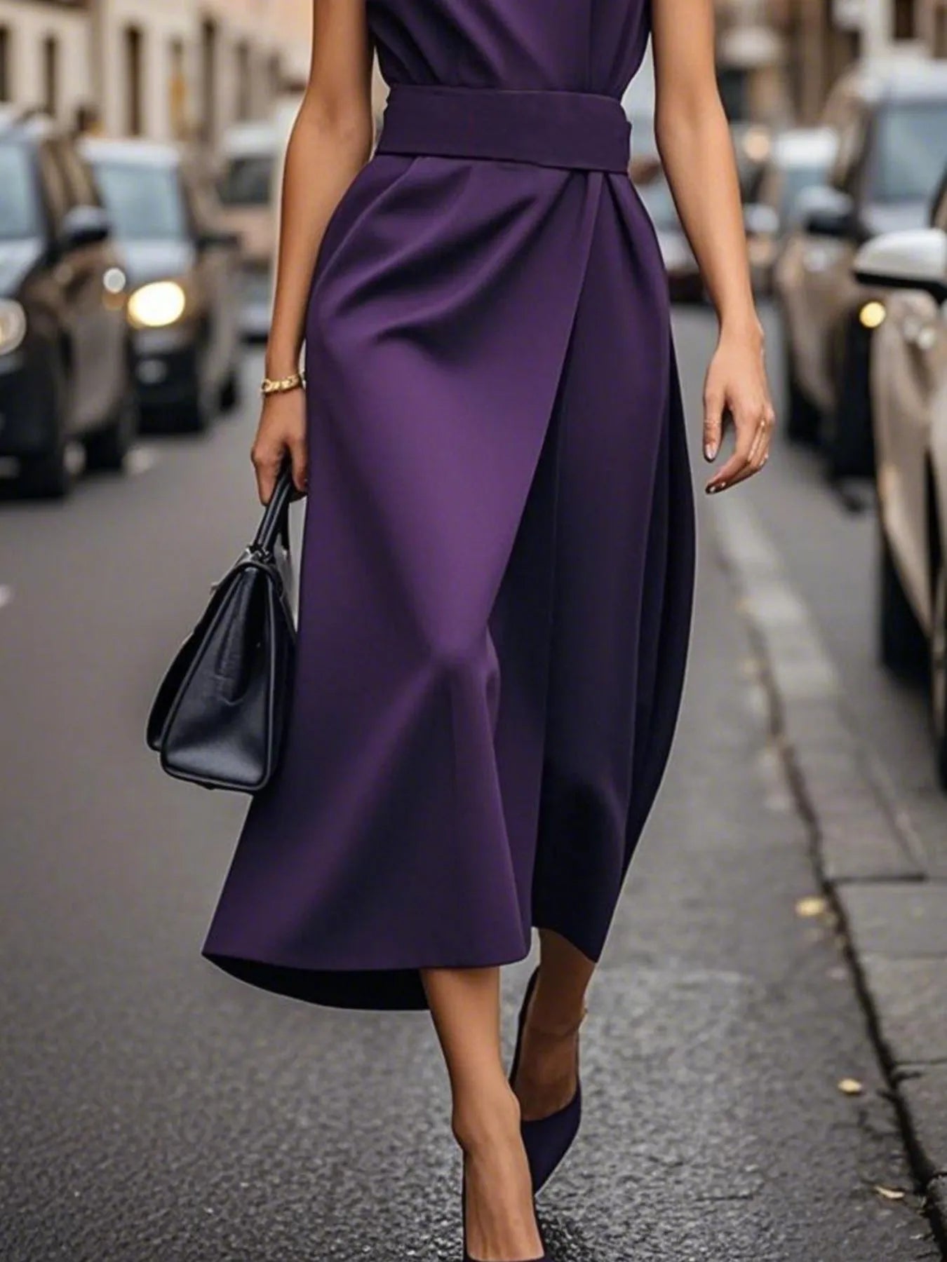 Person wearing a purple dress on a city street.
