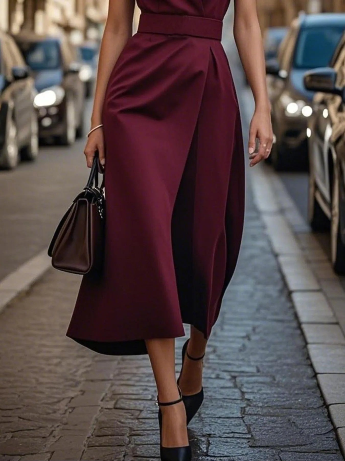 Woman in a burgundy dress walking on a street with cars in the background