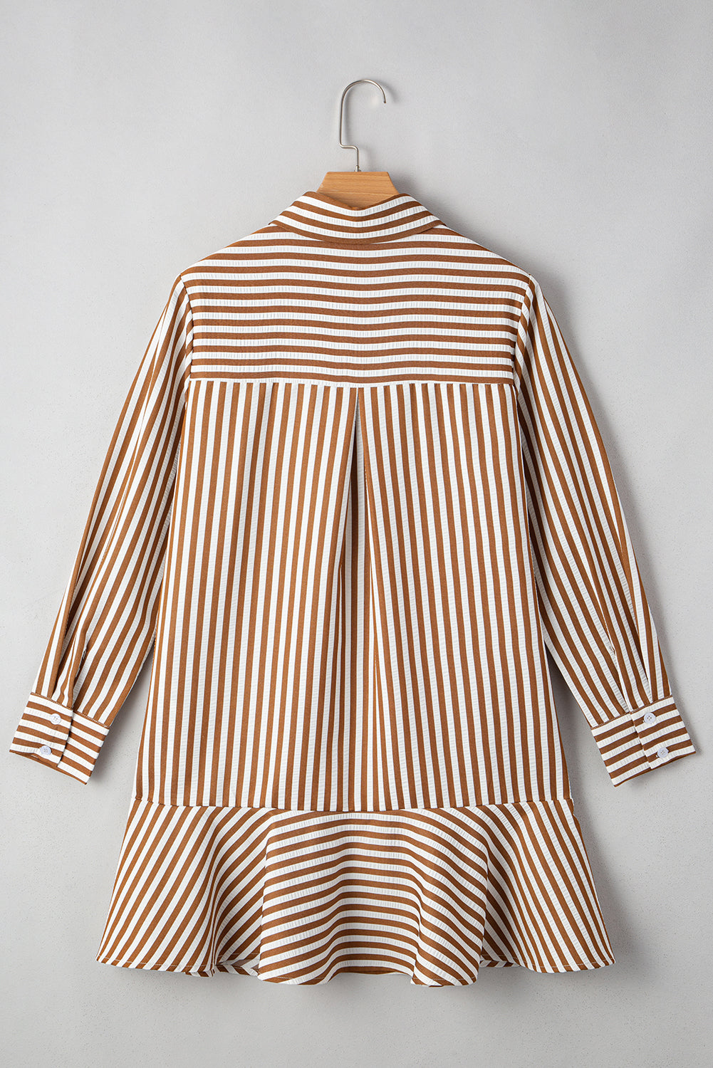 Brown Stripe Ruffle Hem Collared Long Sleeve Shirt Mini Dress