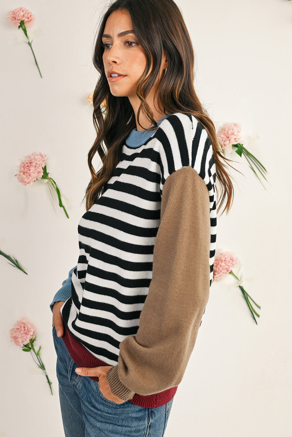 Black Striped Colorblock Patchwork Long Sleeve Sweater