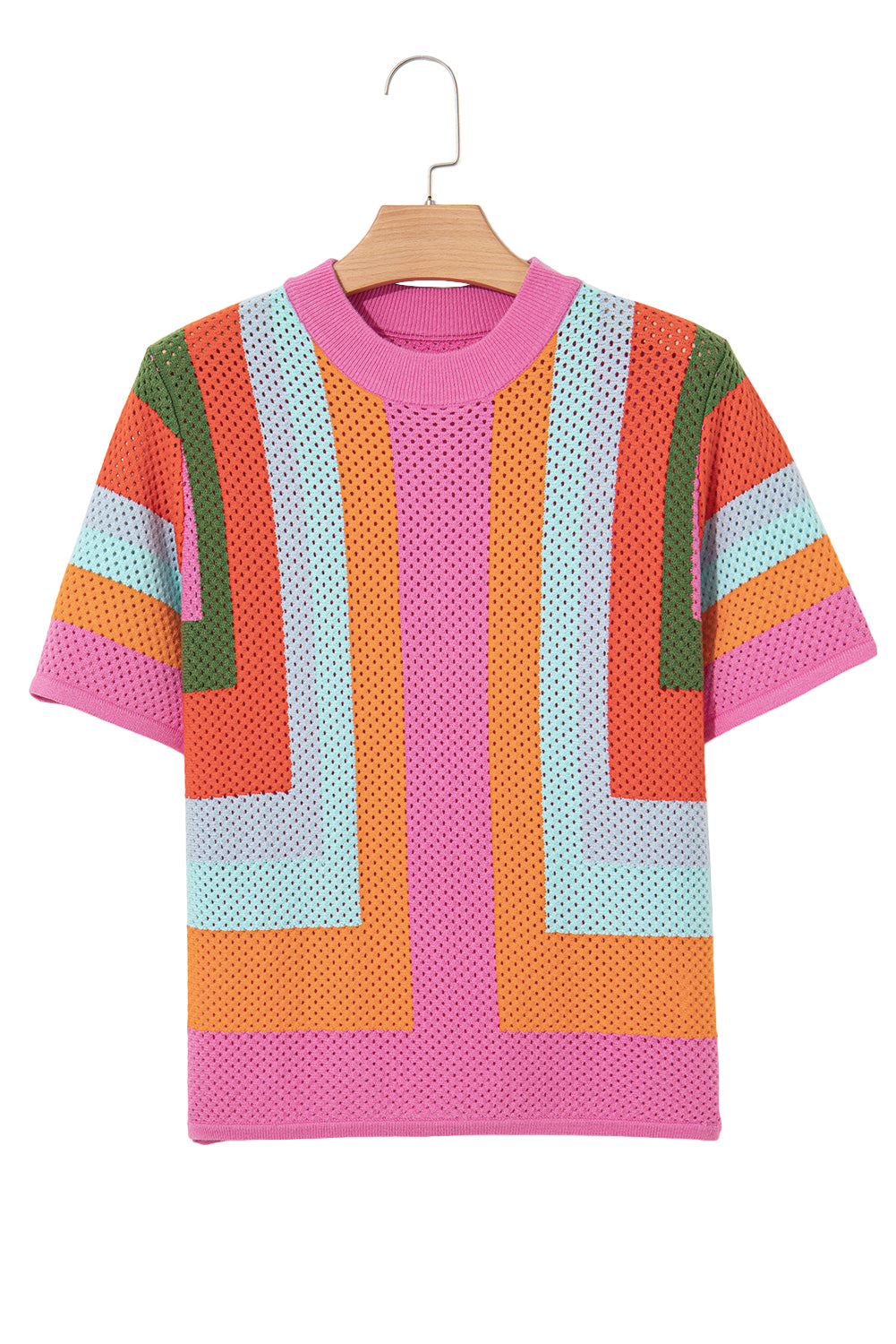 Colorful striped sweater on a hanger against a white background