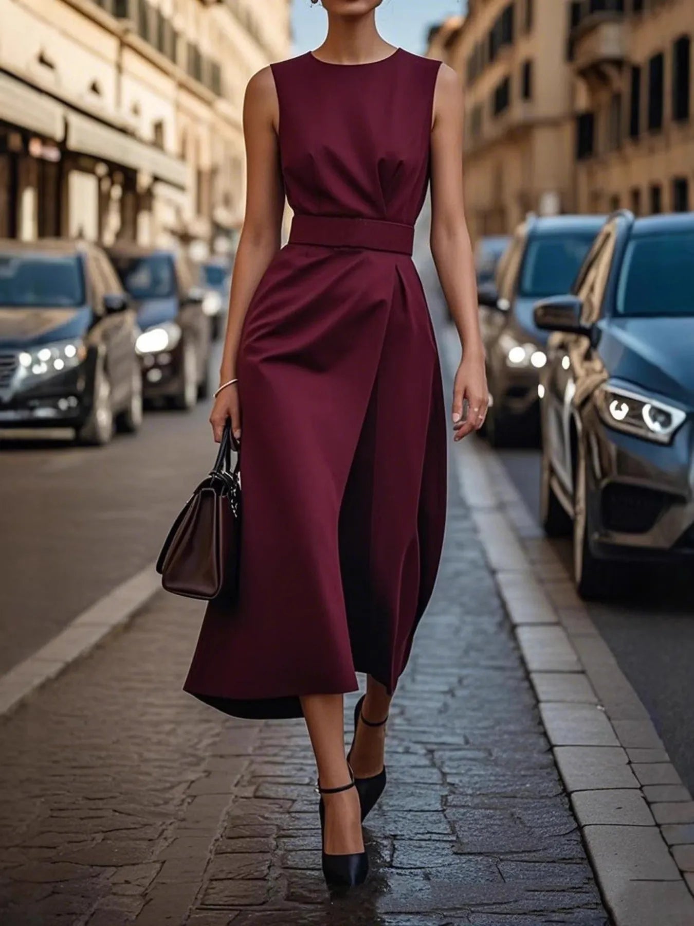 Woman in a burgundy dress walking on a city street.