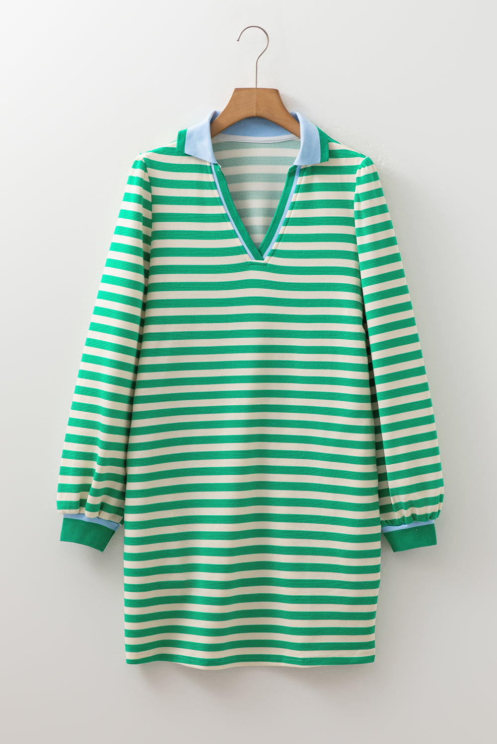 Green Pop of Color V Neck Striped Long Sleeve Mini Dress