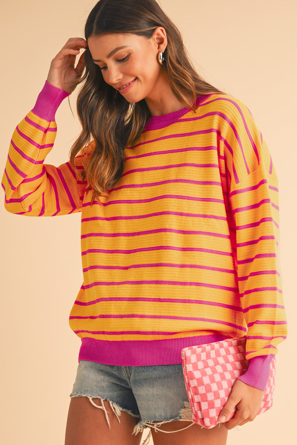 Women’s Orange Stripe Round Neck Sweater – Loose Fit, Drop Shoulder