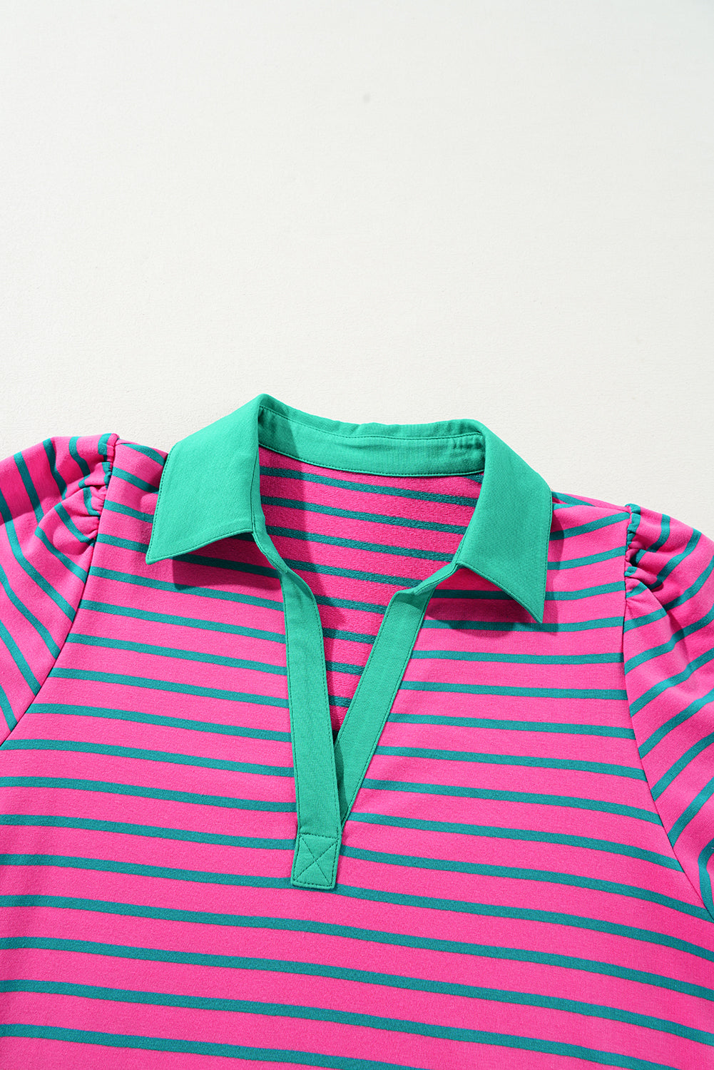 Pink Stripe Collared Puff Sleeve Pop of Color Neckline T Shirt Dress