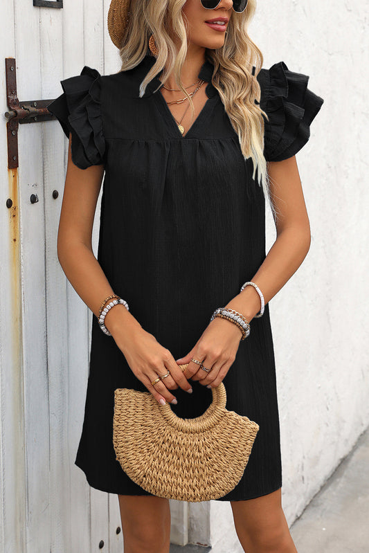 Black V Neck Ruffle Sleeve Shift Mini Dress