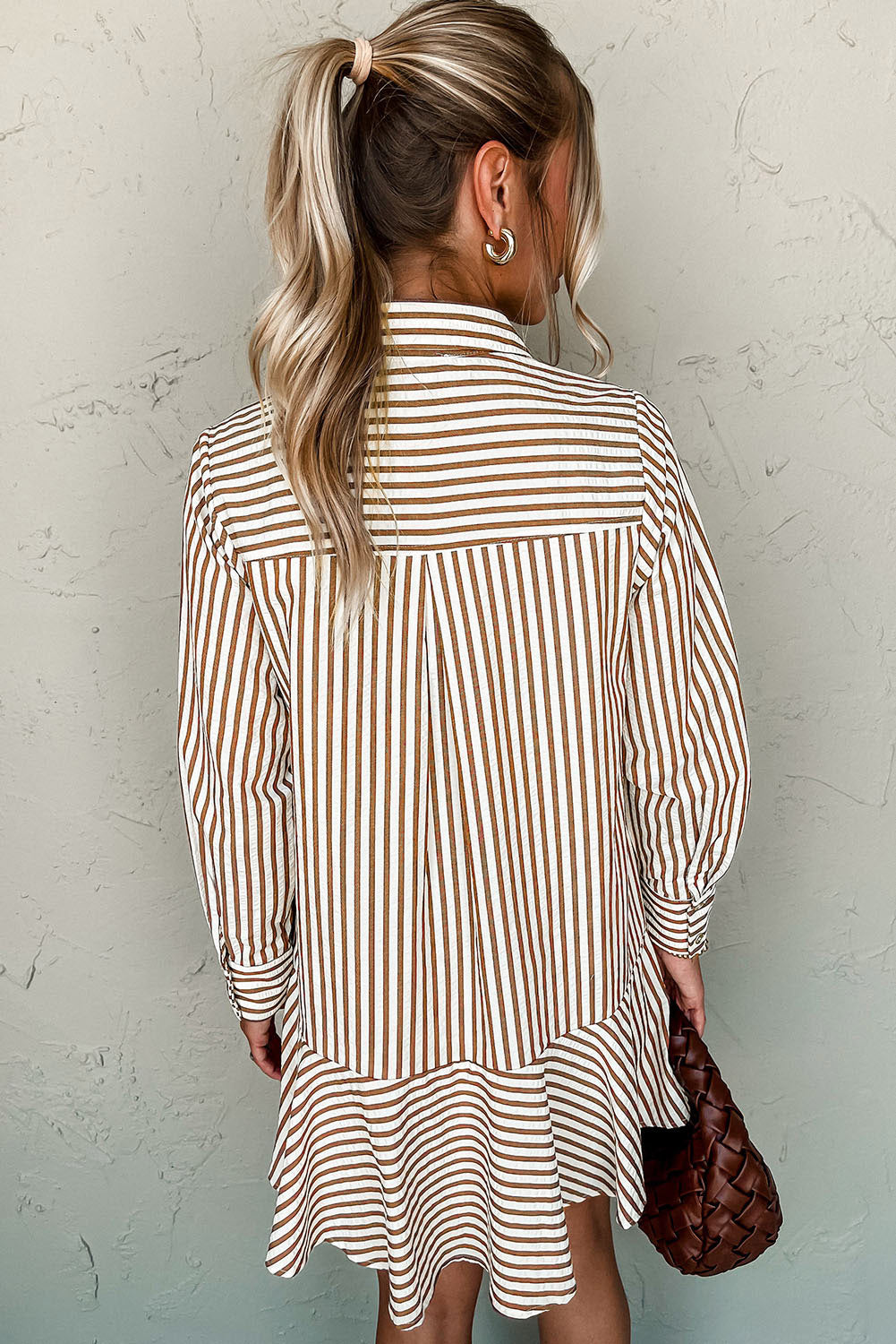 Brown Stripe Ruffle Hem Collared Long Sleeve Shirt Mini Dress