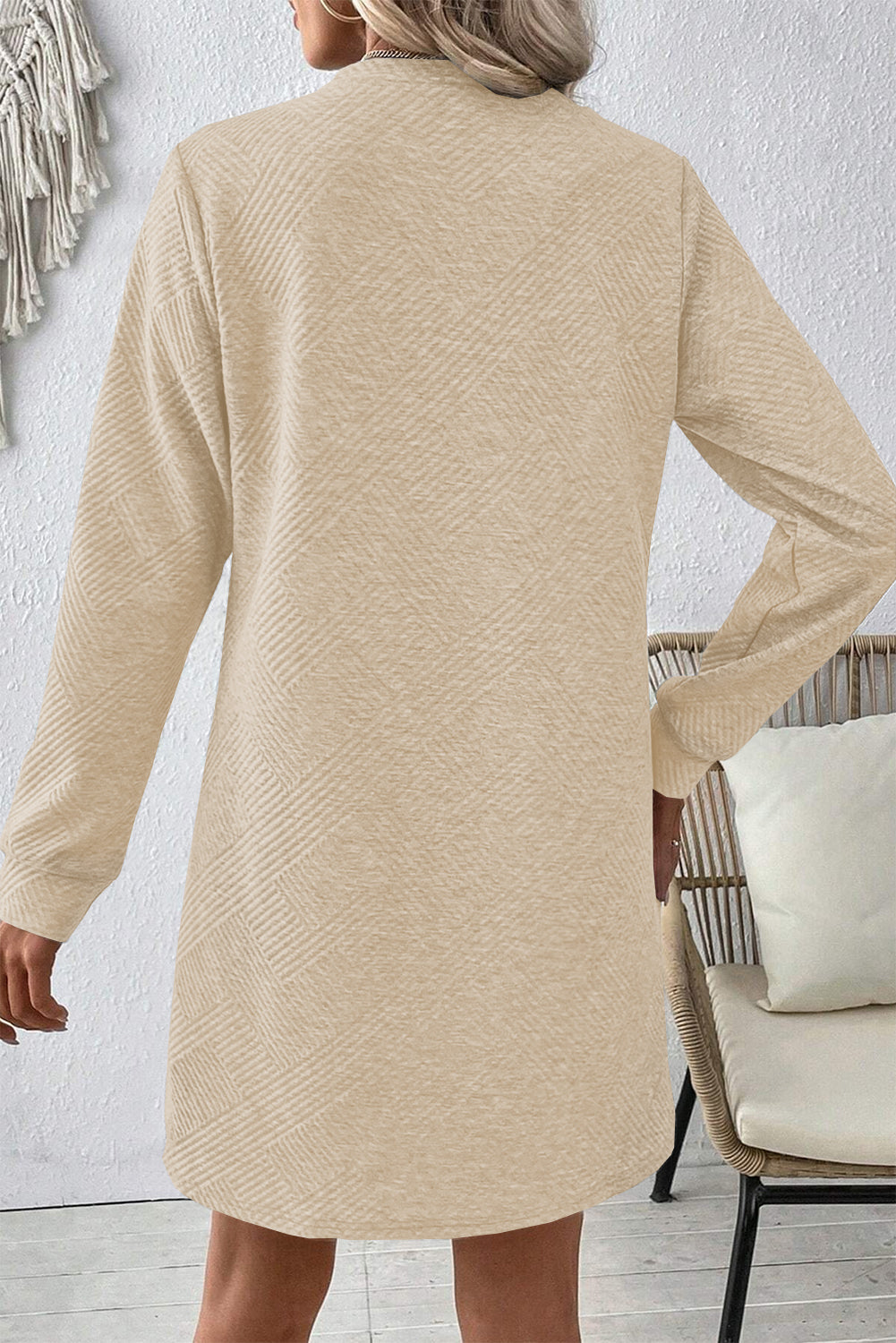 Chic Apricot Textured Dress – Long Sleeve Shift, Perfect for Any Occasion
