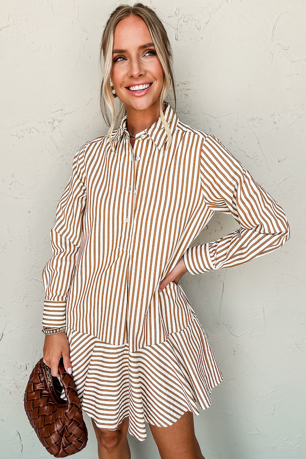 Brown Stripe Ruffle Hem Collared Long Sleeve Shirt Mini Dress