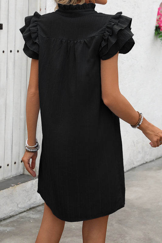 Black V Neck Ruffle Sleeve Shift Mini Dress