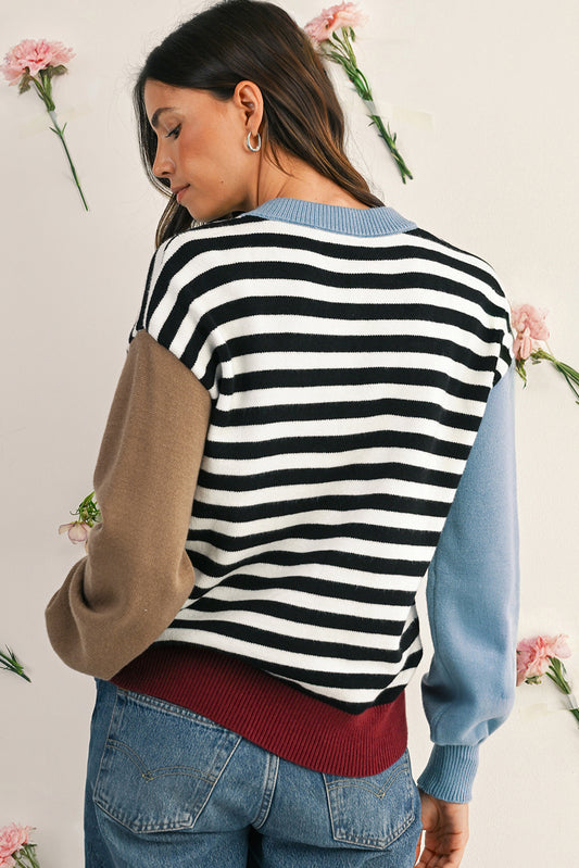 Black Striped Colorblock Patchwork Long Sleeve Sweater