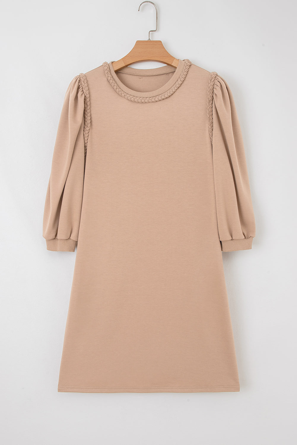 Light French Beige Twist Braided Embellished Puff Sleeve Dress