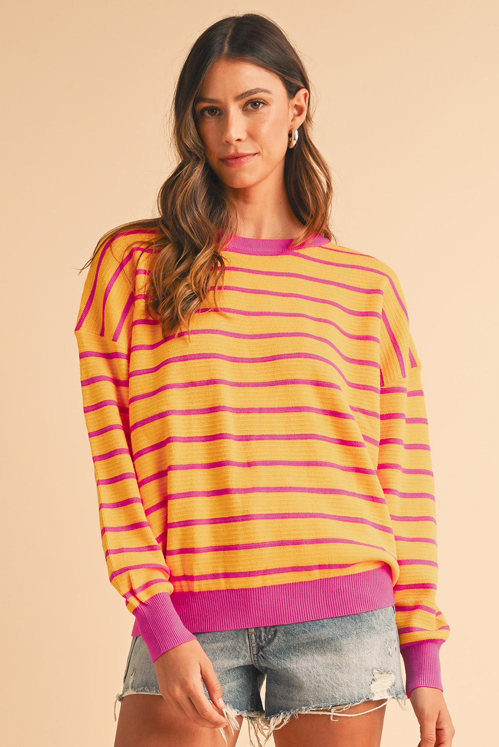 Women’s Orange Stripe Round Neck Sweater – Loose Fit, Drop Shoulder