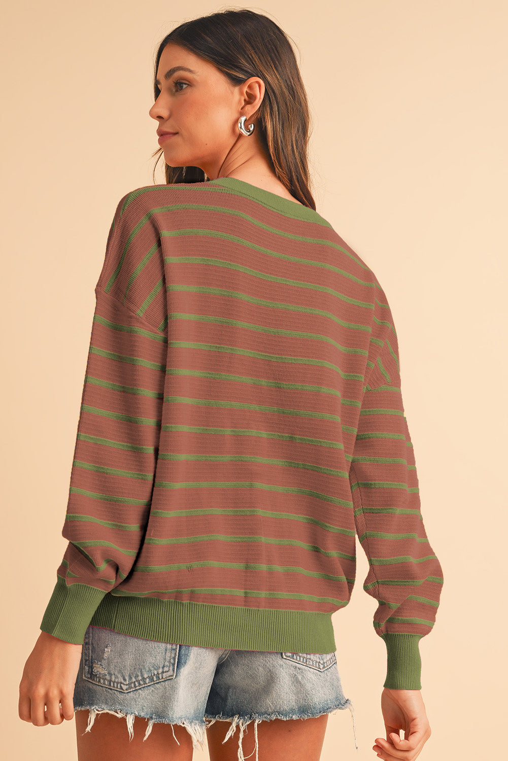 Women’s Brown Stripe Round Neck Sweater – Loose Fit, Drop Shoulder