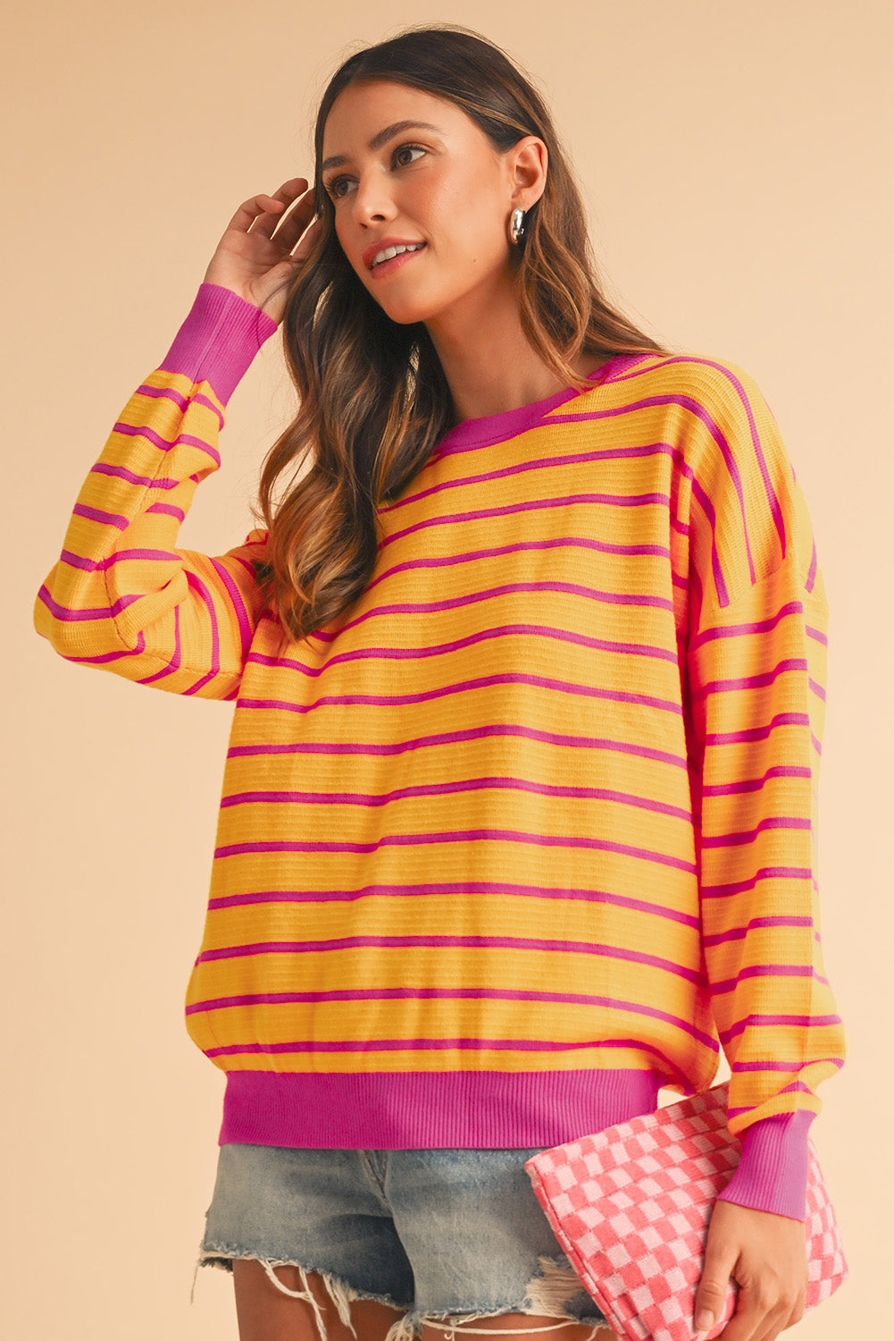 Women’s Orange Stripe Round Neck Sweater – Loose Fit, Drop Shoulder