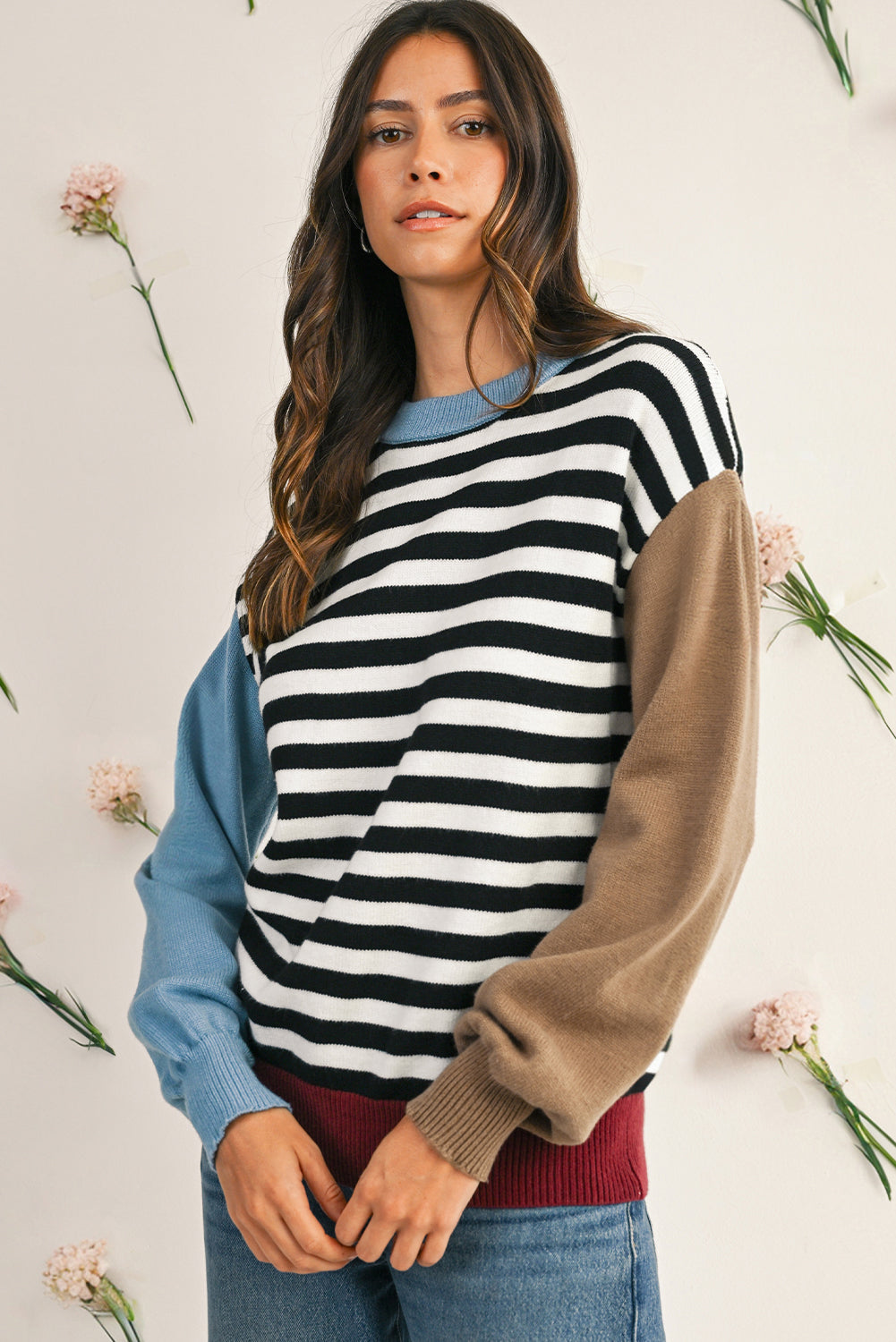 Black Striped Colorblock Patchwork Long Sleeve Sweater