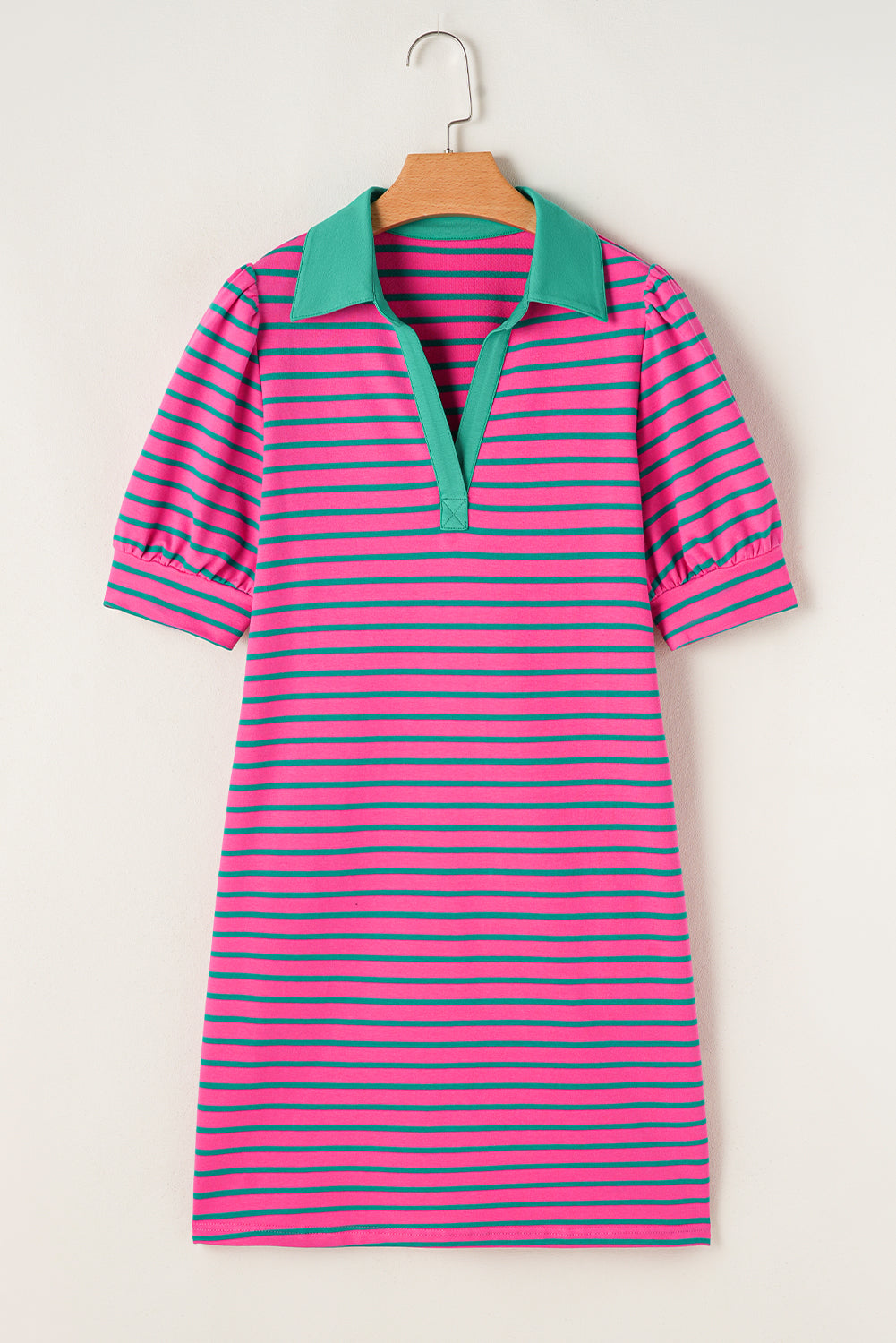 Pink Stripe Collared Puff Sleeve Pop of Color Neckline T Shirt Dress