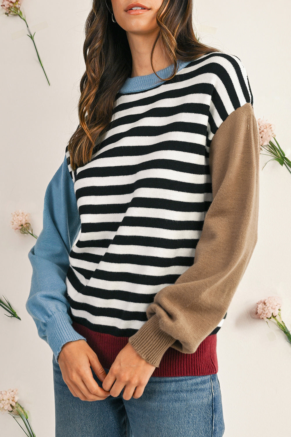 Black Striped Colorblock Patchwork Long Sleeve Sweater